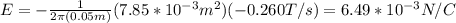 E=-\frac{1}{2\pi (0.05m)}(7.85*10^{-3}m^2)(-0.260T/s)=6.49*10^{-3}N/C