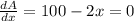 \frac{dA}{dx} = 100 -2x =0