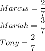 Marcus=\dfrac{2}{7}\\Mariah =\dfrac{3}{7} \\Tony=\dfrac{2}{7}