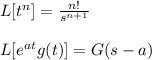 L[t^n]=\frac{n!}{s^{n+1}}\\\\L[e^{at}g(t)]=G(s-a)\\\\
