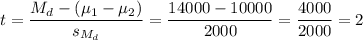 t=\dfrac{M_d-(\mu_1-\mu_2)}{s_{M_d}}=\dfrac{14000-10000}{2000}=\dfrac{4000}{2000}=2