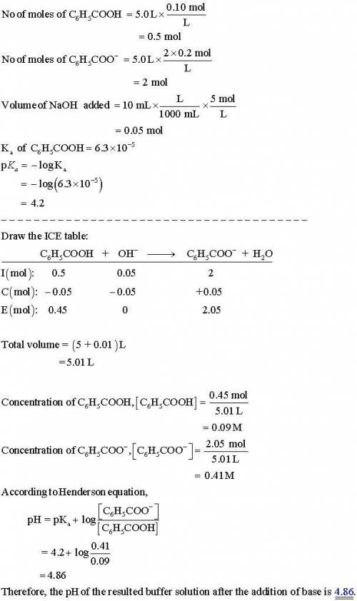 An aqueous solution has [C6H5COOH] = 0.110 M and [Ca(C6H5COO)2] = 0.200 M. Ka = 6.3 × 10-5 for C6H5C