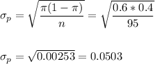 \sigma_p=\sqrt{\dfrac{\pi(1-\pi)}{n}}=\sqrt{\dfrac{0.6*0.4}{95}}\\\\\\ \sigma_p=\sqrt{0.00253}=0.0503
