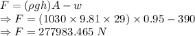 F=(\rho gh)A-w\\\Rightarrow F=(1030\times 9.81\times 29)\times 0.95-390\\\Rightarrow F=277983.465\ N