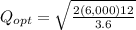 Q_{opt} = \sqrt{\frac{2(6,000)12}{3.6}}