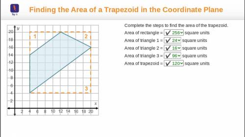On a coordinate plane, a trapezoid is inside of a rectangle to form 3 triangles within the rectangle