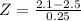 Z = \frac{2.1 - 2.5}{0.25}