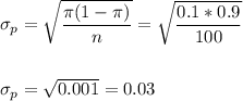 \sigma_p=\sqrt{\dfrac{\pi(1-\pi)}{n}}=\sqrt{\dfrac{0.1*0.9}{100}}\\\\\\ \sigma_p=\sqrt{0.001}=0.03