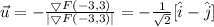 \vec{u}=-\frac{\bigtriangledown F(-3,3)}{|\bigtriangledown F(-3,3)|}=-\frac{1}{\sqrt{2}}[\hat{i}-\hat{j}]