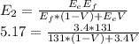 E_{2} =\frac{E_{e}E_{f}  }{E_{f}*(1-V)+E_{e}V  } \\5.17=\frac{3.4*131}{131*(1-V)+3.4V}