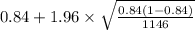 0.84+1.96 \times {\sqrt{\frac{0.84(1-0.84)}{1146} }}