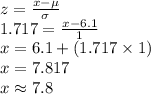 z=\frac{x-\mu}{\sigma}\\1.717=\frac{x-6.1}{1}\\x=6.1+(1.717\times 1)\\x=7.817\\x\approx7.8
