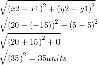 \sqrt{ {(x2 - x1)}^{2}  +  {(y 2 - y1)}^{2} } \\   \sqrt{ {(20 - ( - 15))}^{2} +  {(5 - 5)}^{2}  }  \\  \sqrt{ {(20 + 15)}^{2}  + 0}  \\  \sqrt{ {(35)}^{2} }  = 35units