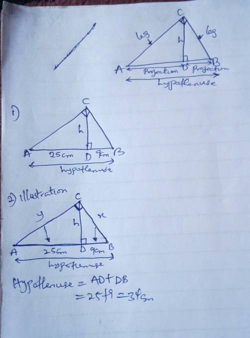 1) Proiectiile catetelor unui triunghi dreptunghic pe ipotenuza au lungimile 9 cm si 25 cm. Aflati l