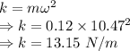 k=m\omega^2\\\Rightarrow k=0.12\times 10.47^2\\\Rightarrow k=13.15\ N/m