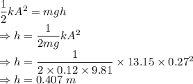 \dfrac{1}{2}kA^2=mgh\\\Rightarrow h=\dfrac{1}{2mg}kA^2\\\Rightarrow h=\dfrac{1}{2\times 0.12\times 9.81}\times 13.15\times 0.27^2\\\Rightarrow h=0.407\ m