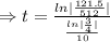 \Rightarrow t=\frac{ln|\frac{121.5}{512}|}{\frac{ln|\frac34|}{10}}