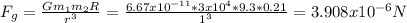 F_{g} =\frac{Gm_{1}m_{2}R  }{r^{3} } =\frac{6.67x10^{-11}*3x10^{4}*9.3*0.21  }{1^{3} } =3.908x10^{-6} N