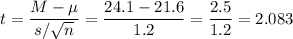 t=\dfrac{M-\mu}{s/\sqrt{n}}=\dfrac{24.1-21.6}{1.2}=\dfrac{2.5}{1.2}=2.083