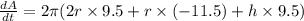 \frac{dA}{dt}=2\pi(2r\times 9.5+r\times (-11.5)+h\times 9.5)