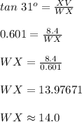 tan\ 31^{o}=\frac{XV}{WX}\\\\0.601=\frac{8.4}{WX}\\\\WX=\frac{8.4}{0.601}\\\\WX=13.97671\\\\WX\approx14.0