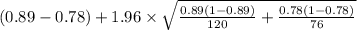 (0.89-0.78)+1.96 \times {\sqrt{\frac{0.89(1-0.89)}{120}+ \frac{0.78(1-0.78)}{76}} }
