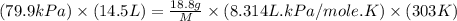 (79.9kPa)\times (14.5L)=\frac{18.8g}{M}\times (8.314L.kPa/mole.K)\times (303K)