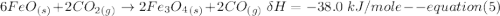 6FeO_{(s)} + 2CO_{2(g)}    \to    2Fe_3O_4_{(s)} + 2CO_{(g)}   \ \delta H = -38.0 \ kJ/mole  -- equation (5)