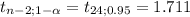 t_{n-2;1-\alpha }= t_{24;0.95}= 1.711