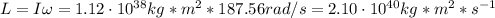 L = I \omega = 1.12 \cdot 10^{38} kg*m^{2}*187.56 rad/s = 2.10 \cdot 10^{40} kg*m^{2}*s^{-1}