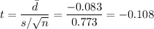 t=\dfrac{\bar d}{s/\sqrt{n}}=\dfrac{-0.083}{0.773}=-0.108