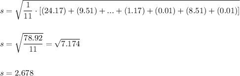 s=\sqrt{\dfrac{1}{11}\cdot [(24.17)+(9.51)+...+(1.17)+(0.01)+(8.51)+(0.01)]}\\\\\\s=\sqrt{\dfrac{78.92}{11}}=\sqrt{7.174}\\\\\\s=2.678