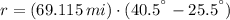 r = (69.115\,mi)\cdot (40.5^{\textdegree}-25.5^{\textdegree})