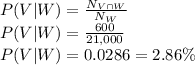 P(V|W)=\frac{N_{V\cap W}}{N_W}\\P(V|W)=\frac{600}{21,000} \\P(V|W)=0.0286=2.86\%
