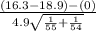 \frac{(16.3-18.9)-(0)}{4.9 \sqrt{\frac{1}{55}+\frac{1}{54}  } }
