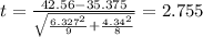 t = \frac{42.56-35.375}{\sqrt{\frac{6.327^2}{9} +\frac{4.34^2}{8}}}=2.755