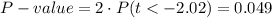 P-value=2\cdot P(t<-2.02)=0.049