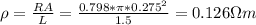 \rho=\frac{RA}{L}=\frac{0.798*\pi *0.275^2}{1.5}=0.126\Omega m