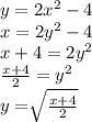 y=2x^2-4\\x=2y^2-4\\x+4=2y^2\\\frac{x+4}{2}=y^2\\ y=\sqrt[]{\frac{x+4}{2} }