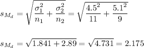 s_{M_d}=\sqrt{\dfrac{\sigma_1^2}{n_1}+\dfrac{\sigma_2^2}{n_2}}=\sqrt{\dfrac{4.5^2}{11}+\dfrac{5.1^2}{9}}\\\\\\s_{M_d}=\sqrt{1.841+2.89}=\sqrt{4.731}=2.175