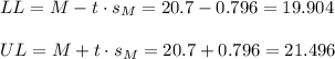 LL=M-t \cdot s_M = 20.7-0.796=19.904\\\\UL=M+t \cdot s_M = 20.7+0.796=21.496