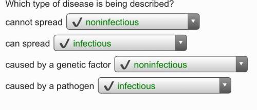 Which type of disease is being described?cannot spread infectiouscan spread infectiouscaused by a ge