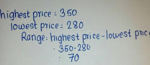 13. In a week the prices of a bag of rice were 350,280,340,290,320, 310,300. The range is A. 60 B. 7