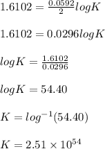 1.6102 = \frac{0.0592}{2} logK\\\\1.6102 =0.0296logK\\\\logK = \frac{1.6102}{0.0296} \\\\logK =54.40\\\\K = log^{-1}(54.40)\\\\K = 2.51 \times 10^{54}