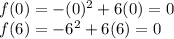 f(0) = -(0)^2 + 6(0)=0\\f(6) = -6^2 + 6(6)=0
