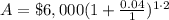 A=\$6,000(1+\frac{0.04}{1})^{1\cdot 2}