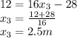 12=16x_3-28\\x_3=\frac{12+28}{16} \\x_3=2.5m