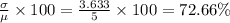 \frac{\sigma}{\mu} \times 100=\frac{3.633}{5} \times 100 =72.66\%