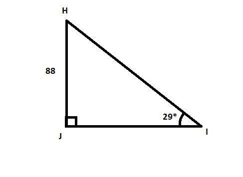 In ΔHIJ, the measure of ∠J=90°, the measure of ∠I=29°, and JH = 88 feet. Find the length of IJ to th