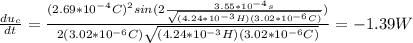 \frac{du_c}{dt}=\frac{(2.69*10^{-4}C)^2sin(2\frac{3.55*10^{-4}s}{\sqrt{(4.24*10^{-3}H)(3.02*10^{-6}C)}})}{2(3.02*10^{-6}C)\sqrt{(4.24*10^{-3}H)(3.02*10^{-6}C)}}=-1.39W